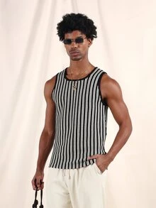 SUMWON Textured Striped Knit Tank Top Sleeveless Crew Neck Regular Fit Summer Casual Vertical Striped Pattern Men's Vest - Black and White - View 4