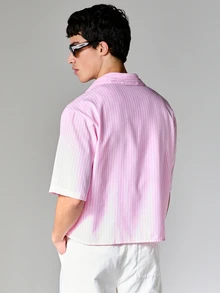 Striped Short Sleeve Button Down Shirt With Point Collar Pink White Vertical Stripes Casual Summer Spring Relaxed Fit Woven - Pink - View 2