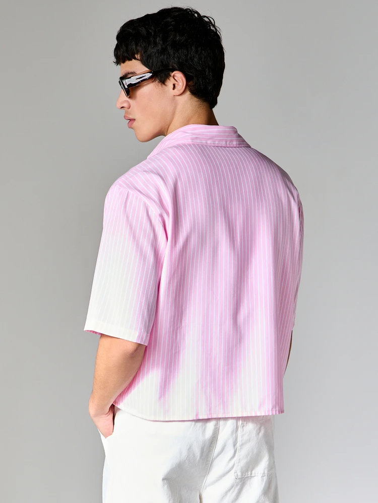 Striped Short Sleeve Button Down Shirt With Point Collar Pink White Vertical Stripes Casual Summer Spring Relaxed Fit Woven