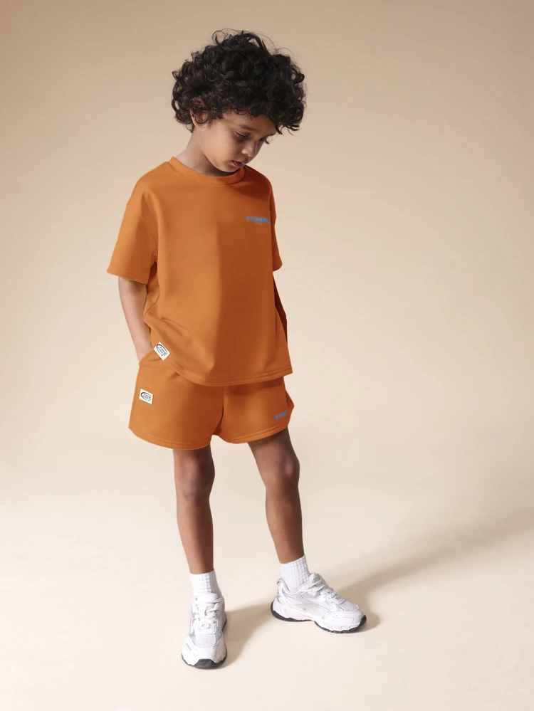Orange Boys Summer Coordinate Set With Crew Neck T-Shirt And Matching Shorts With Blue Letter Print