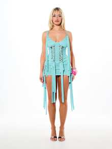 SUMWON WOMEN Turquoise Lace Up Mini Dress With Fringe Details Festival Rave Party Summer Outfit - Blue - View 3
