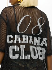 SUMWON WOMEN Oversized Black Mesh Baseball Jersey Cover Up With Camouflage Print And White Logo Text - Black - View 7