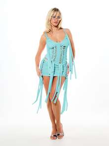 SUMWON WOMEN Turquoise Lace Up Mini Dress With Fringe Details Festival Rave Party Summer Outfit - Blue - View 5