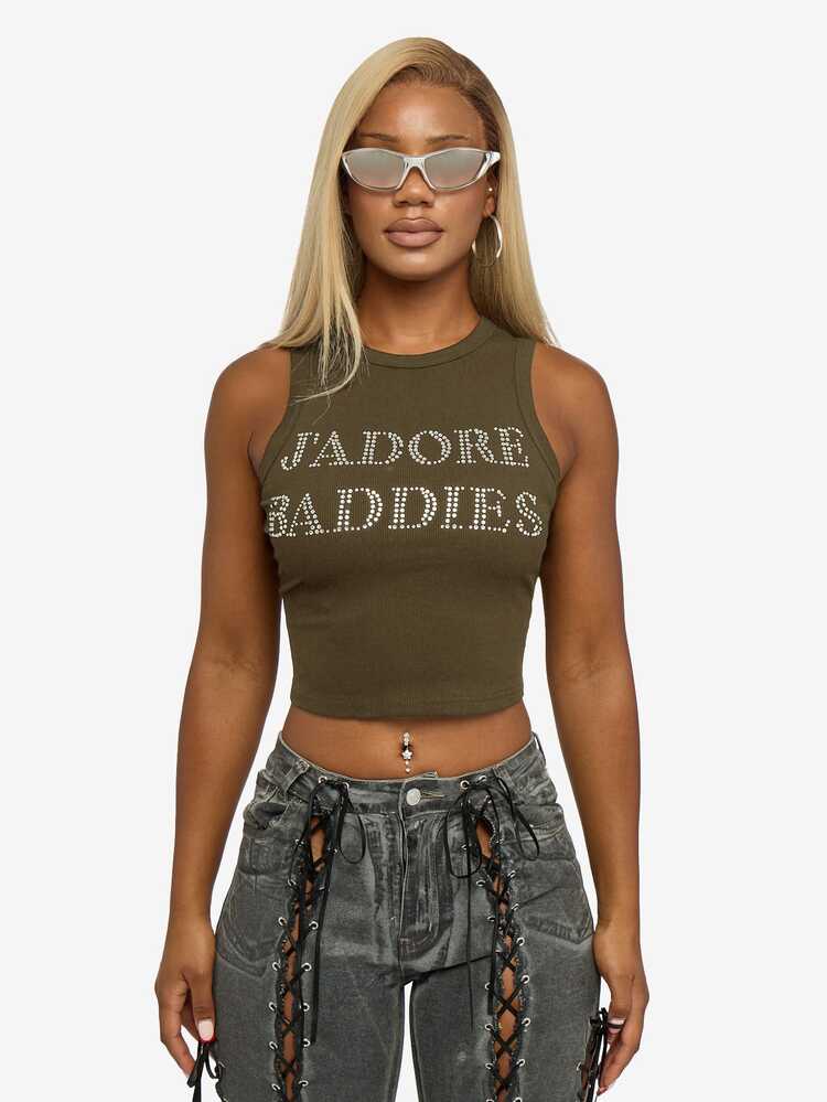 SUMWON WOMEN Sleeveless Ribbed Tank Top With Rhinestone Text Print Round Neckline Fitted Cropped Style Basic Essential