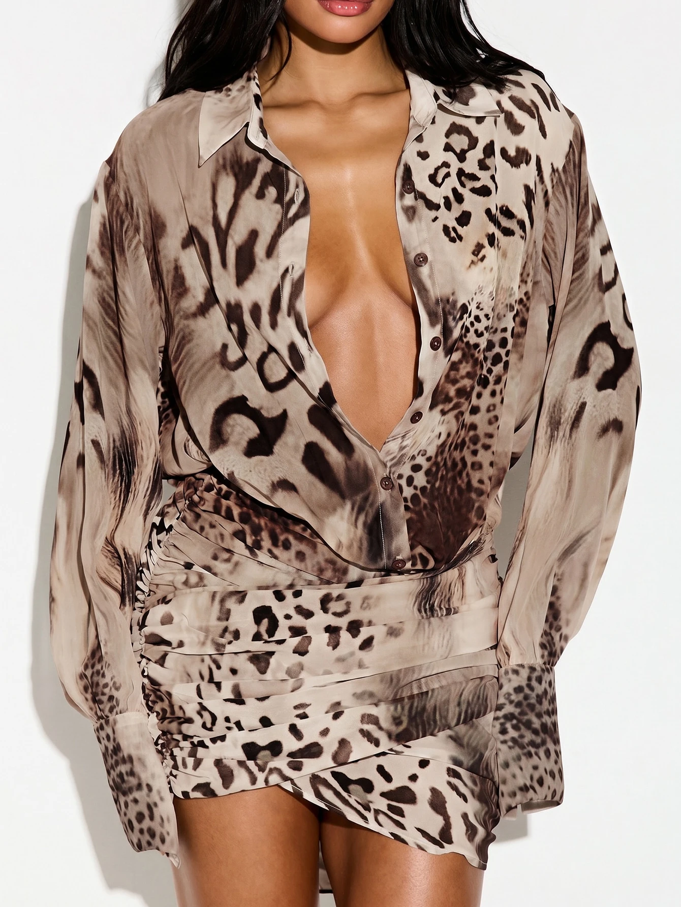 KIZN Mixed Animal Print Wrap Hem Collared Mini Dress