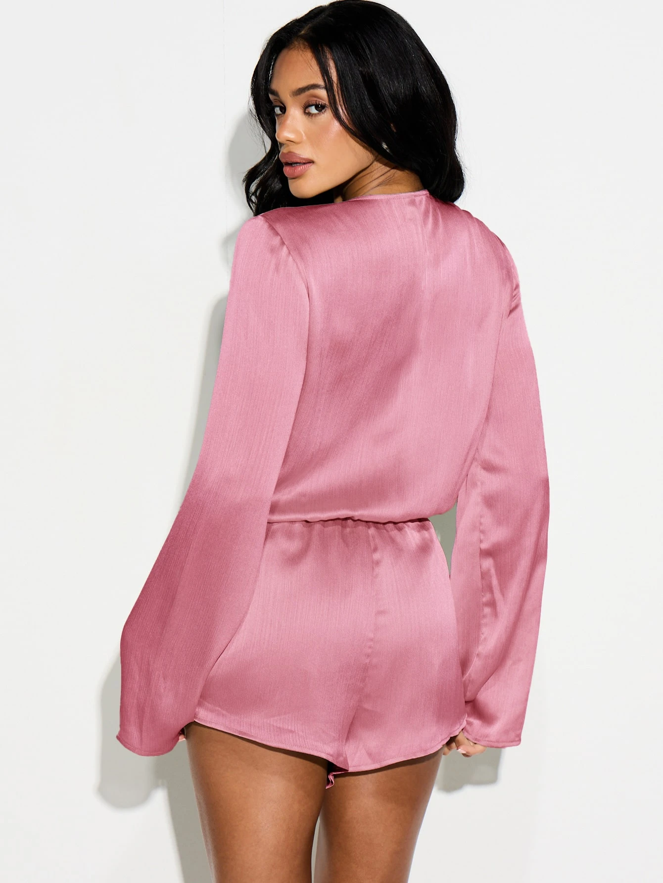 KIZN Satin Plunge Wrap Front Playsuit With Long Sleeves