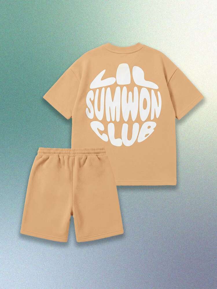 Conjunto informal de verano de talla grande para niños, camiseta de manga corta con estampado de logotipo y pantalones cortos a juego con cordón