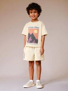 SUMWON Boys Urban Hiker Graphic T-Shirt Co-Ord Set With Mountain Print And Matching Drawstring Shorts For Summer Casual Wear - White - View 5