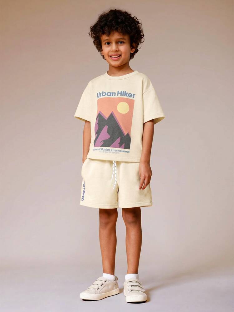 Boys Urban Hiker Graphic T-Shirt Co-Ord Set With Mountain Print And Matching Drawstring Shorts For Summer Casual Wear