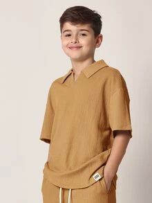 SUMWON Boys Textured Polo Set Co-Ord With Matching Shorts Casual Summer Mustard Ribbed Fabric Collar Design - Brown - View 3
