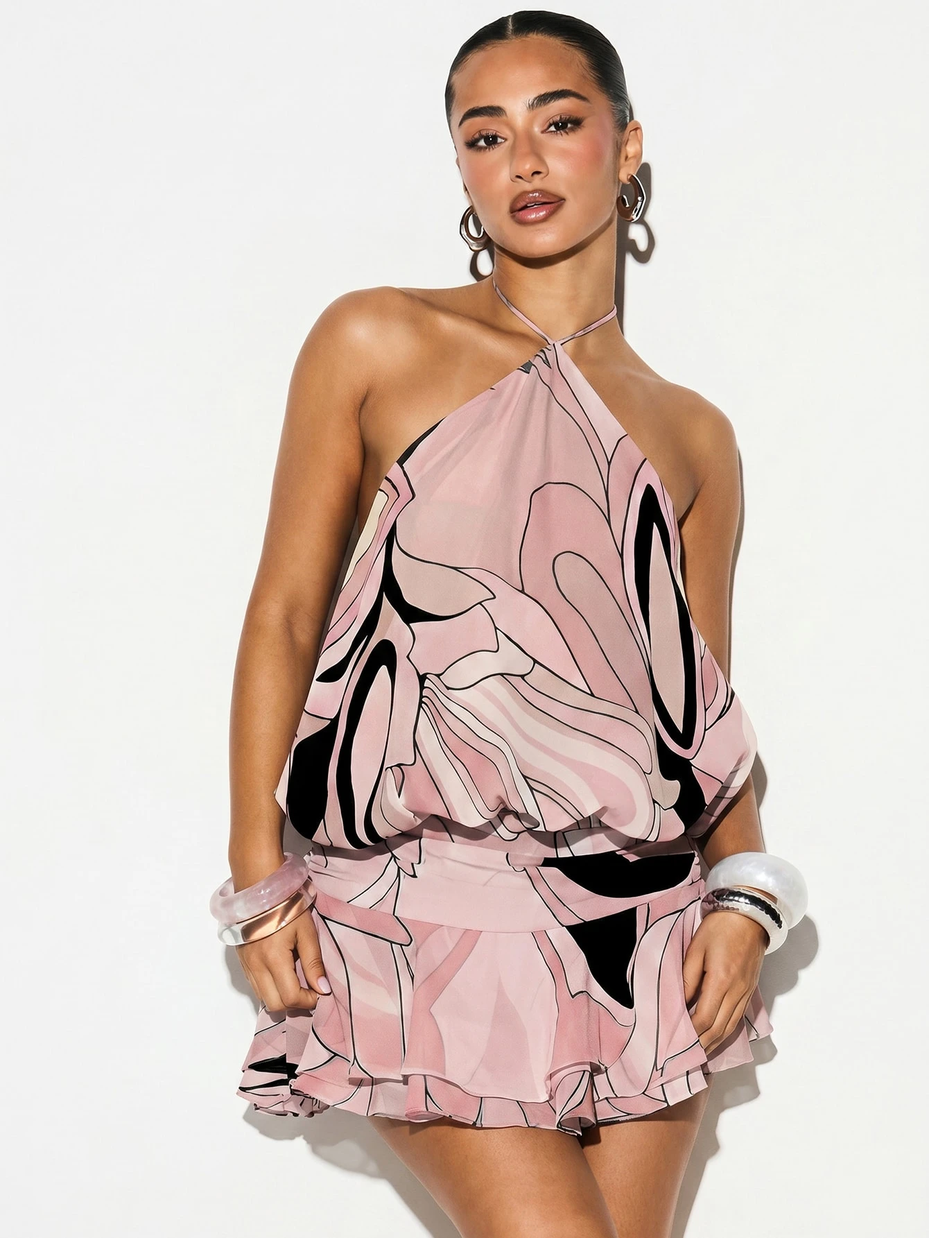 KIZN Printed Chiffon Halter Mini Dress
