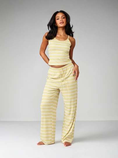 MISSGUIDED Ribbed Knit Striped Cami Tank Top And Wide Leg Palazzo Pants Lounge Set For Summer Comfort