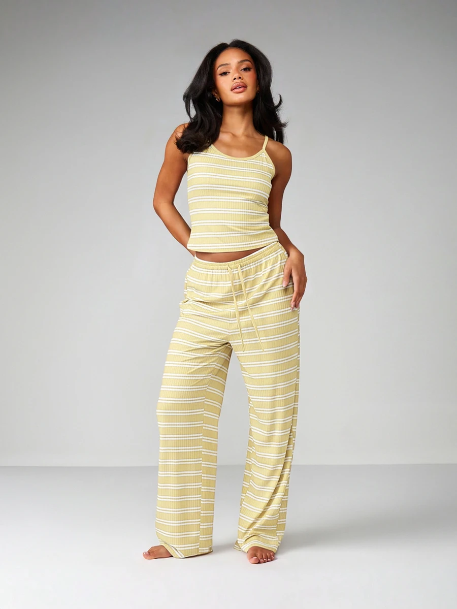 MISSGUIDED Ribbed Knit Striped Cami Tank Top And Wide Leg Palazzo Pants Lounge Set For Summer Comfort - Yellow - View 1