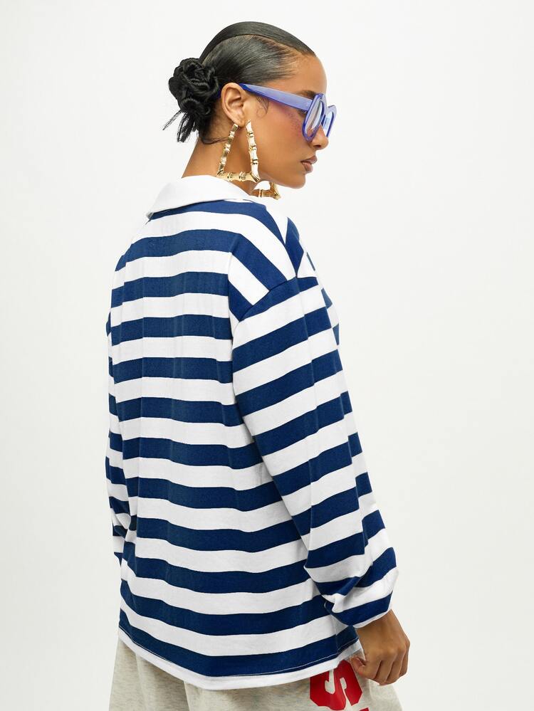 SUMWON WOMEN Oversized Striped Long Sleeve Top With Side Tie Detail Navy White Rugby Style Casual Pullover