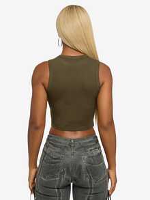 SUMWON WOMEN Top sin mangas acanalado con texto estampado con rhinestones, cuello redondo, estilo ajustado y corto, básico y esencial - Caqui - Ver 2