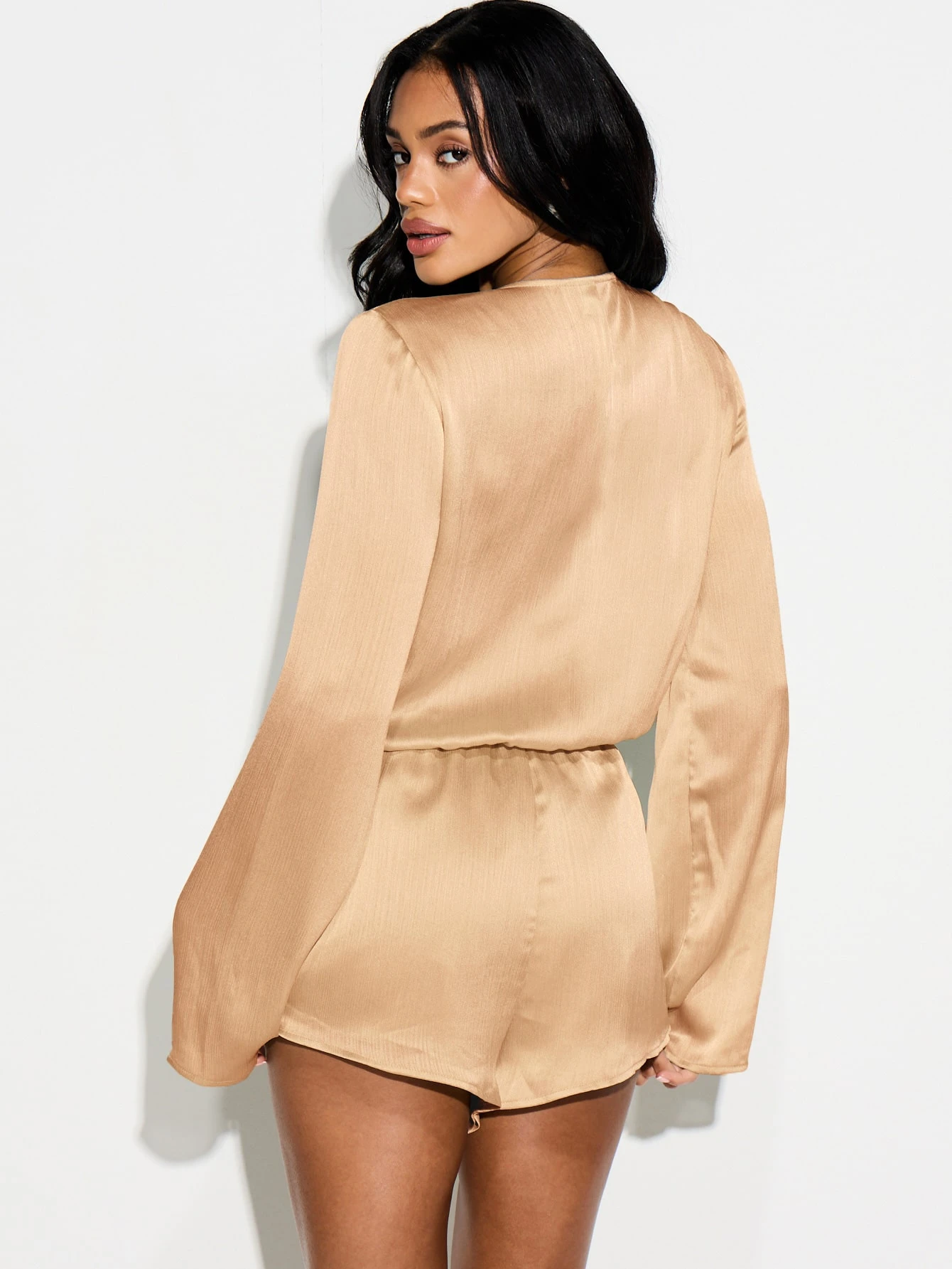 KIZN Satin Plunge Wrap Front Long Sleeve Playsuit