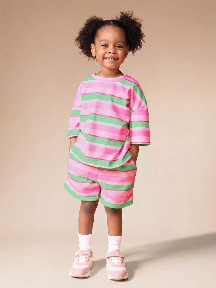 Girls Oversized Striped T-Shirt And Shorts Co-Ord Set Summer Casual Comfortable Two Piece Matching Outfit For Age 4