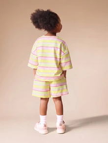 SUMWON Oversized Girls Cherry Emblem Striped Relaxed Fit Coordinated Tee And Shorts Set Summer Casual Outfit - Yellow - View 2