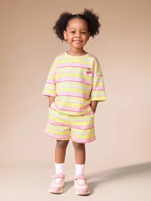 SUMWON Oversized Girls Cherry Emblem Striped Relaxed Fit Coordinated Tee And Shorts Set Summer Casual Outfit - Yellow - View 6