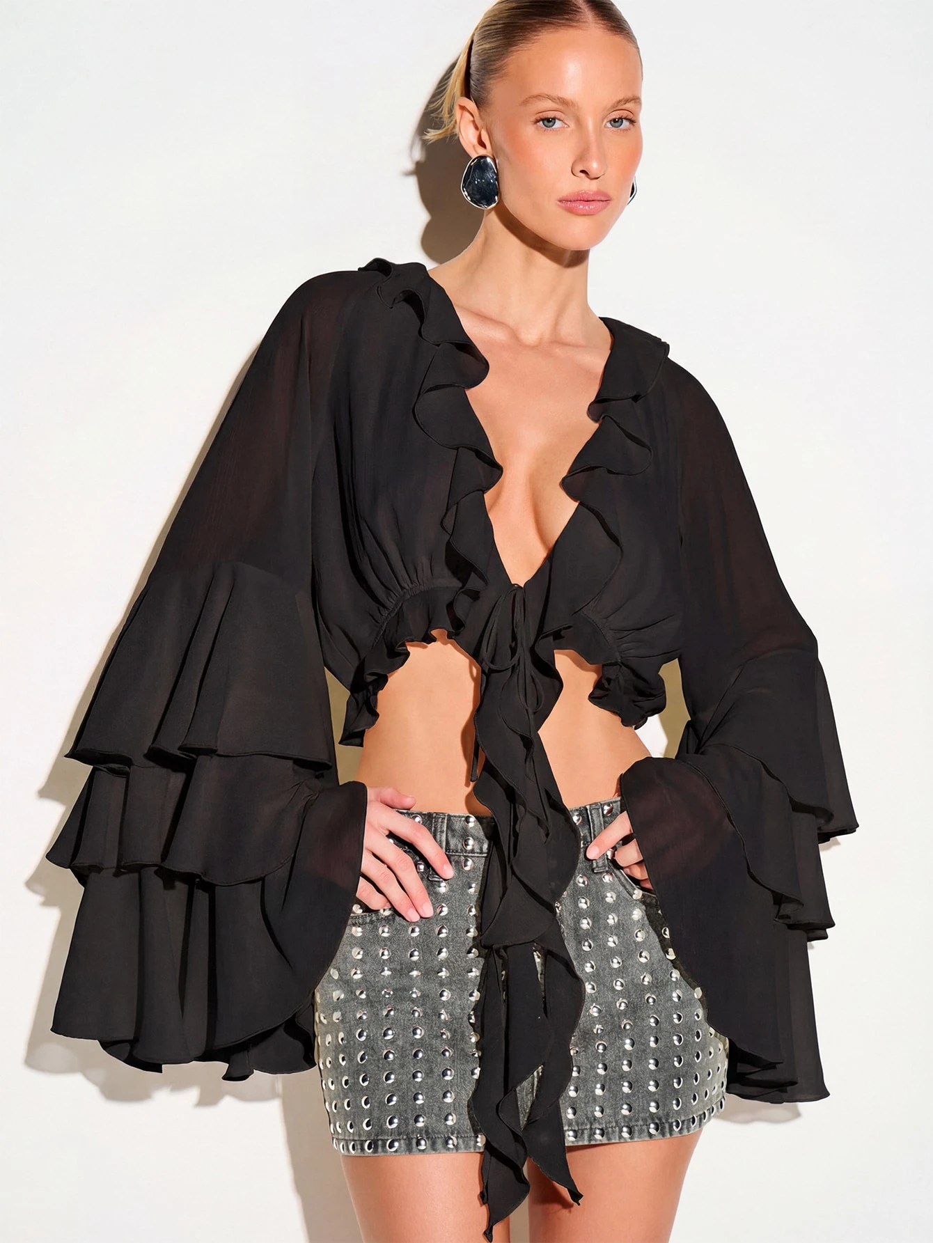 KIZN Ruffle Tie Front Blouse With Flare Sleeves