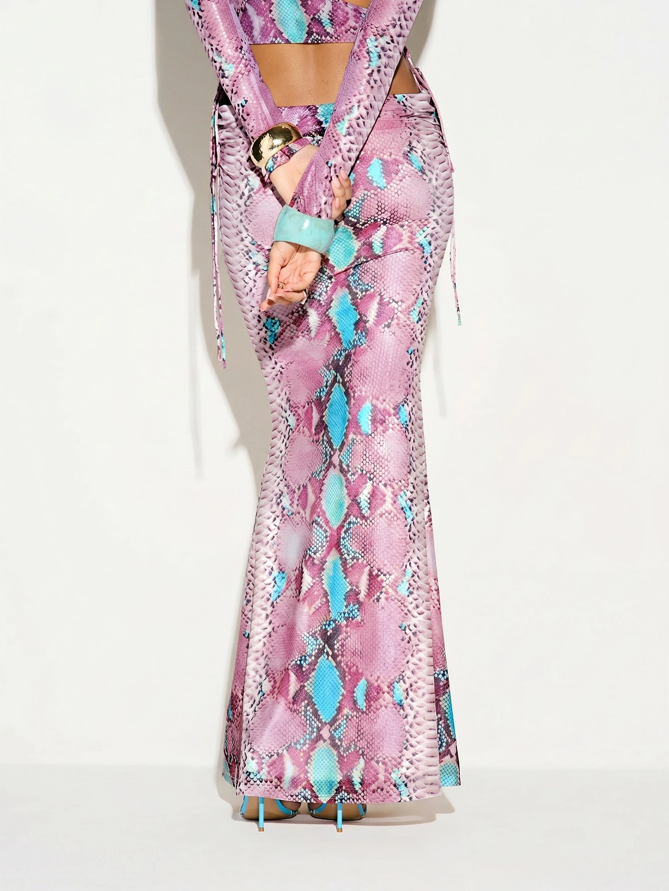 KIZN Snake Print Mesh Maxi Skirt With Ties