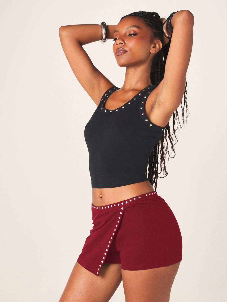 MISSGUIDED Mini Skort With Stud Detailing High Waist Asymmetric Hem Bodycon Summer Festival Casual Sexy Night Burgundy