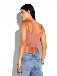 KSTM Áo tank top cổ vuông nhún bèo với dây đeo có thể điều chỉnh, dáng lửng, thích hợp cho phong cách thường ngày mùa hè. - màu nâu - Xem 2