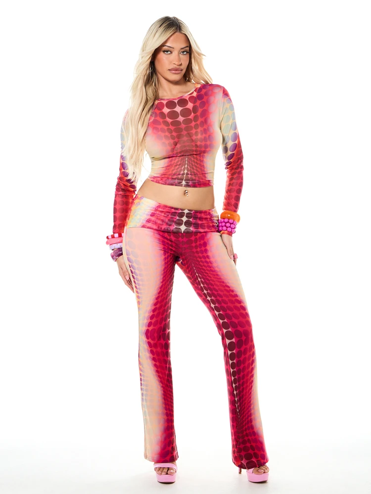 SUMWON WOMEN Multi Colored Polka Dot Abstract Print High Rise Wide Leg Flare Pants With Mesh Fabric Detailing For Fall Winter Fashion