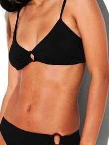 KSTM Black Ribbed Triangle Bikini Top With Ring Detail Front Tie And Cross Back Straps Summer Beach Swimwear - Black - View 5