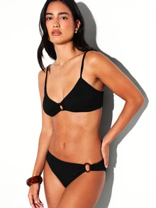 KSTM Black Ribbed Triangle Bikini Top With Ring Detail Front Tie And Cross Back Straps Summer Beach Swimwear - Black - View 1