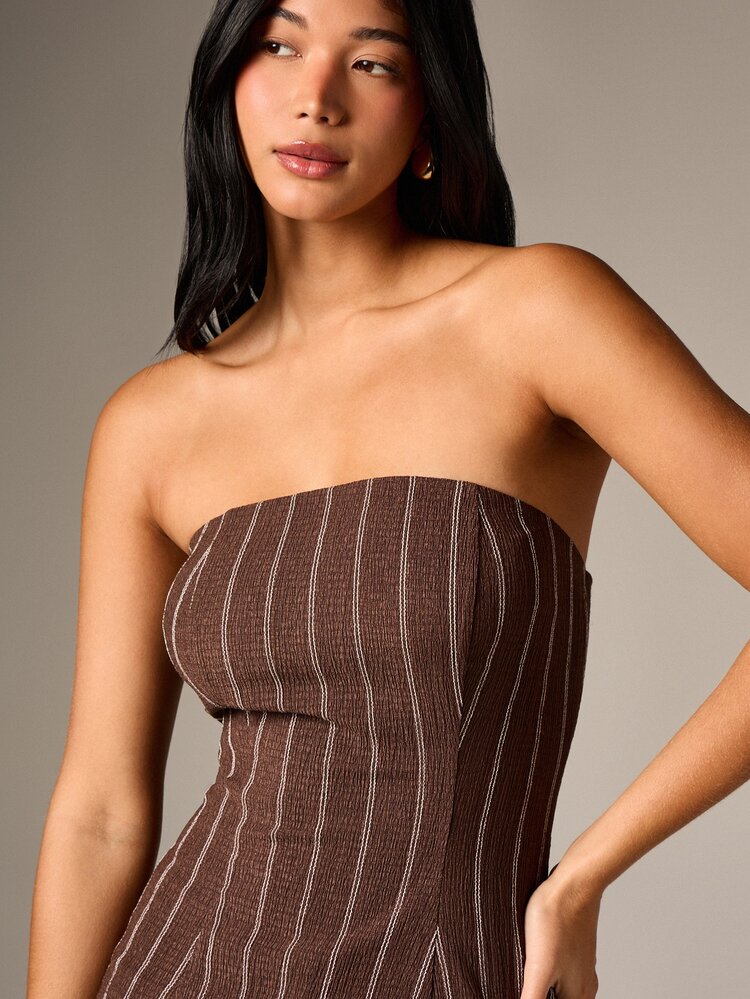 Brown Pinstripe Strapless Corset With Wide Palazzo Pants