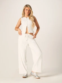 MISSGUIDED 无袖纽扣前开襟背心搭配阔腿抽绳裤两件套休闲夏季套装 - 白色 - 查看 3