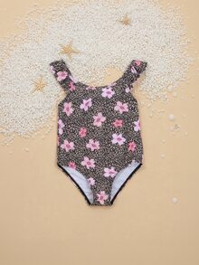 SUMWON 女童豹纹印花连体泳衣，荷叶边肩带，夏季海滩度假泳装，夏威夷芙蓉花图案 - 彩色 - 查看 1