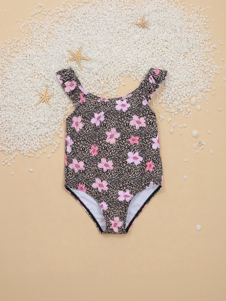 Girls Leopard Print Floral One Piece Swimsuit With Ruffle Shoulder Straps Summer Beach Vacation Swimwear Hawaiian Hibiscus Pattern