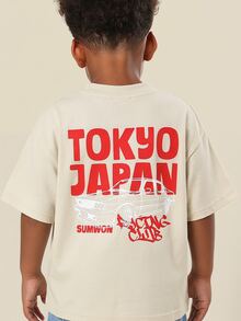 SUMWON Áo thun ngắn tay in hình đồ họa xe đua Tokyo Nhật Bản dành cho bé trai, chất liệu cotton, kiểu dáng thường ngày, thích hợp cho mùa hè. - Kem - Xem 4