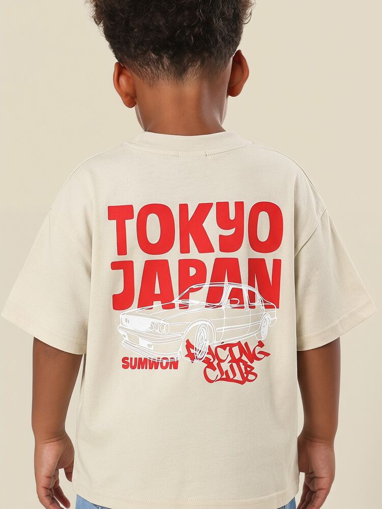 Chłopięca koszulka z krótkim rękawem i nadrukiem graficznym, z motywem samochodu wyścigowego Tokyo Japan, bawełniana, swobodna, letnia koszulka