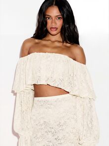 KIZN Áo croptop ren trễ vai tay chuông họa tiết hoa phong cách boho, thích hợp cho lễ hội mùa hè xuân, kiểu áo sơ mi nông dân. - Kem - Xem 4