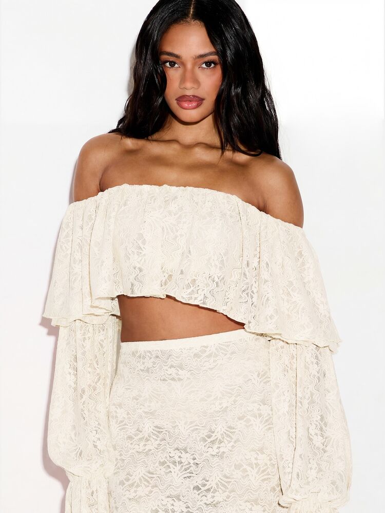 KIZN Off Shoulder Lace Crop Top With Bell Sleeves Floral Boho Festival Summer Spring Fashion Peasant Blouse