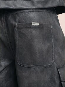SUMWON Men's Faux Leather Cargo Shorts With Chain Detailed Pockets Rolled Hem Urban Streetwear Summer Fashion Edgy Style - Gray Blue - View 7
