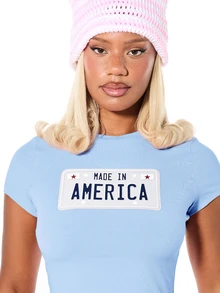 SUMWON WOMEN Áo thun ngắn tay in họa tiết Made In America, chất liệu cotton, kiểu dáng crop top, thích hợp cho mùa hè, lễ hội hoặc các dịp thường ngày. - Màu xanh nhạt - Xem 4