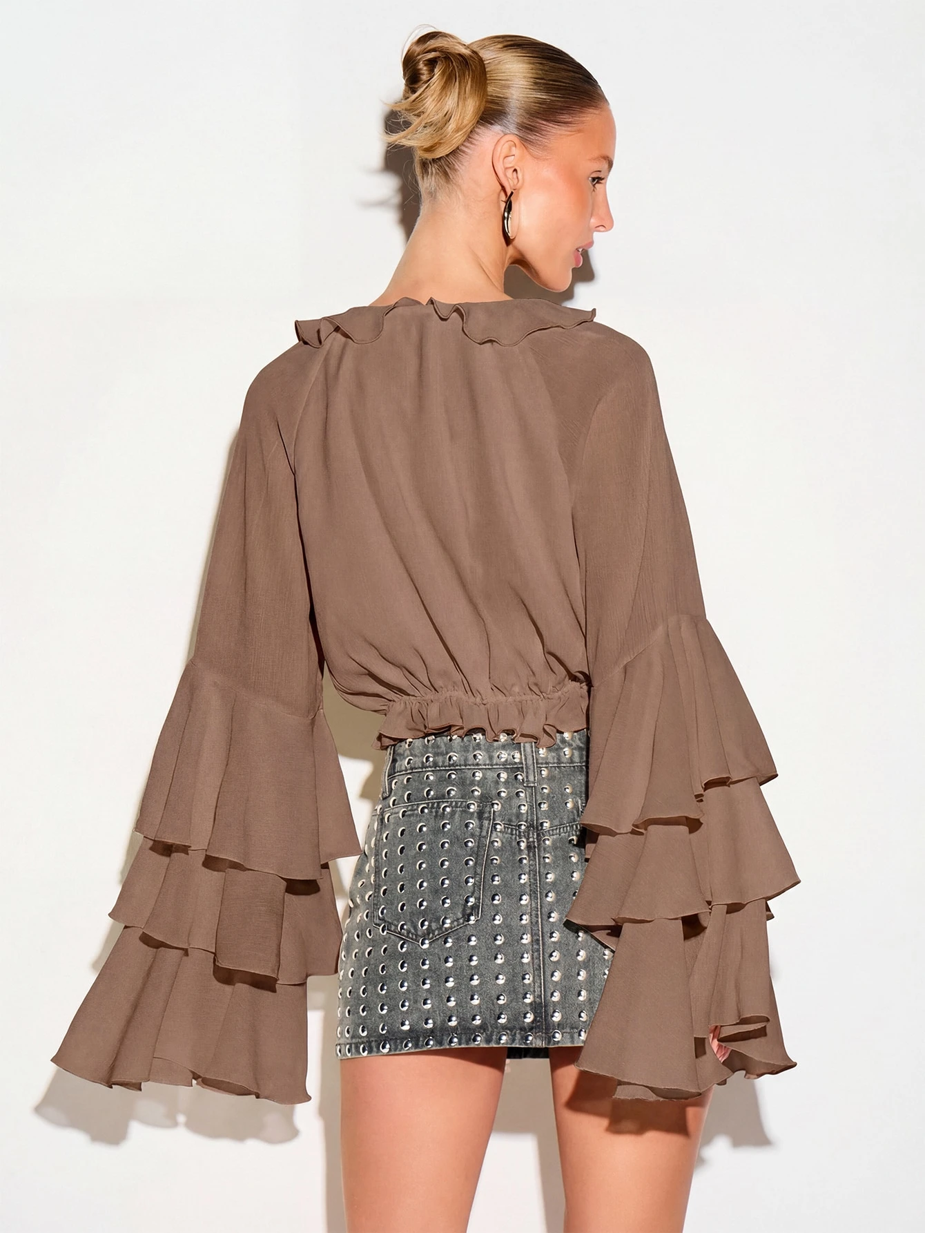 KIZN Ruffle Tie Front Blouse With Bell Sleeves