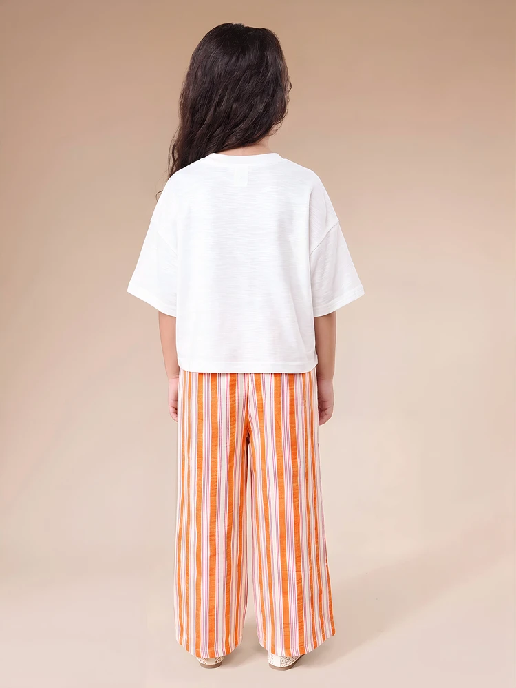 Girls Two Piece Co-Ord Set Oversized White Lemon Print Tee With Orange Striped Wide Leg Pants Summer Outfit