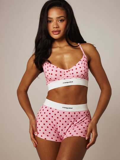 MISSGUIDED Conjunto de sujetador tipo bralette y pantalón corto tipo boyshort a lunares rosa y rojo, top corto, ropa interior, lencería, conjunto de dos piezas, ropa de dormir y de estar cómoda sin acolchado