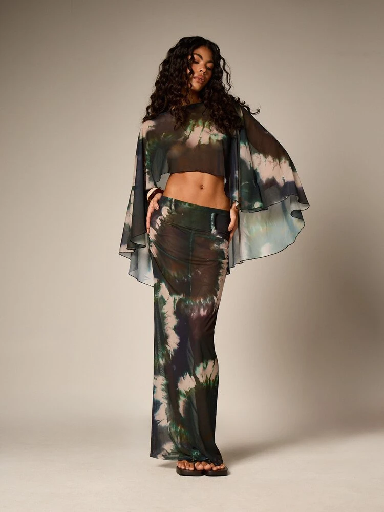 Tie Dye Mesh Maxi Skirt Cover Up