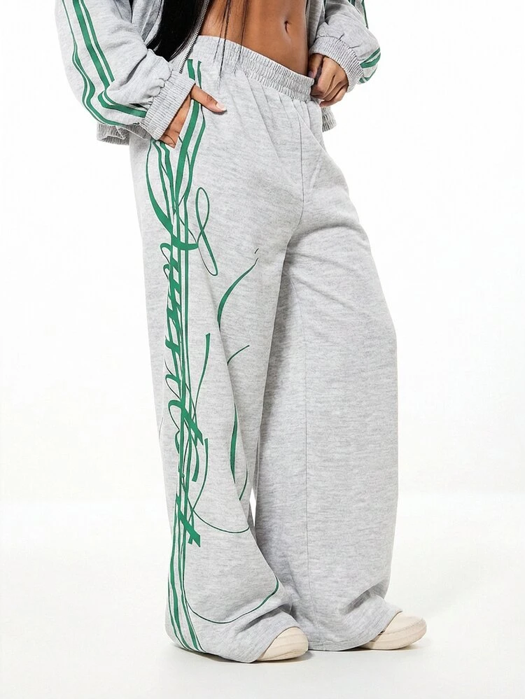 SUMWON WOMEN Oversized Wide Leg Joggers With Green Side Stripe And Script Graphic Print Casual Sweatpants