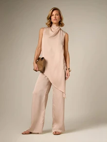 无袖高领不对称缎面上衣，垂褶细节，现代简约风格 - 粉色 - 查看 3