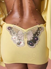 MISSGUIDED Butterfly Applique Mini Dress With Dramatic Batwing Sleeves Cold Shoulder Cut Out Back Details - Yellow - View 3