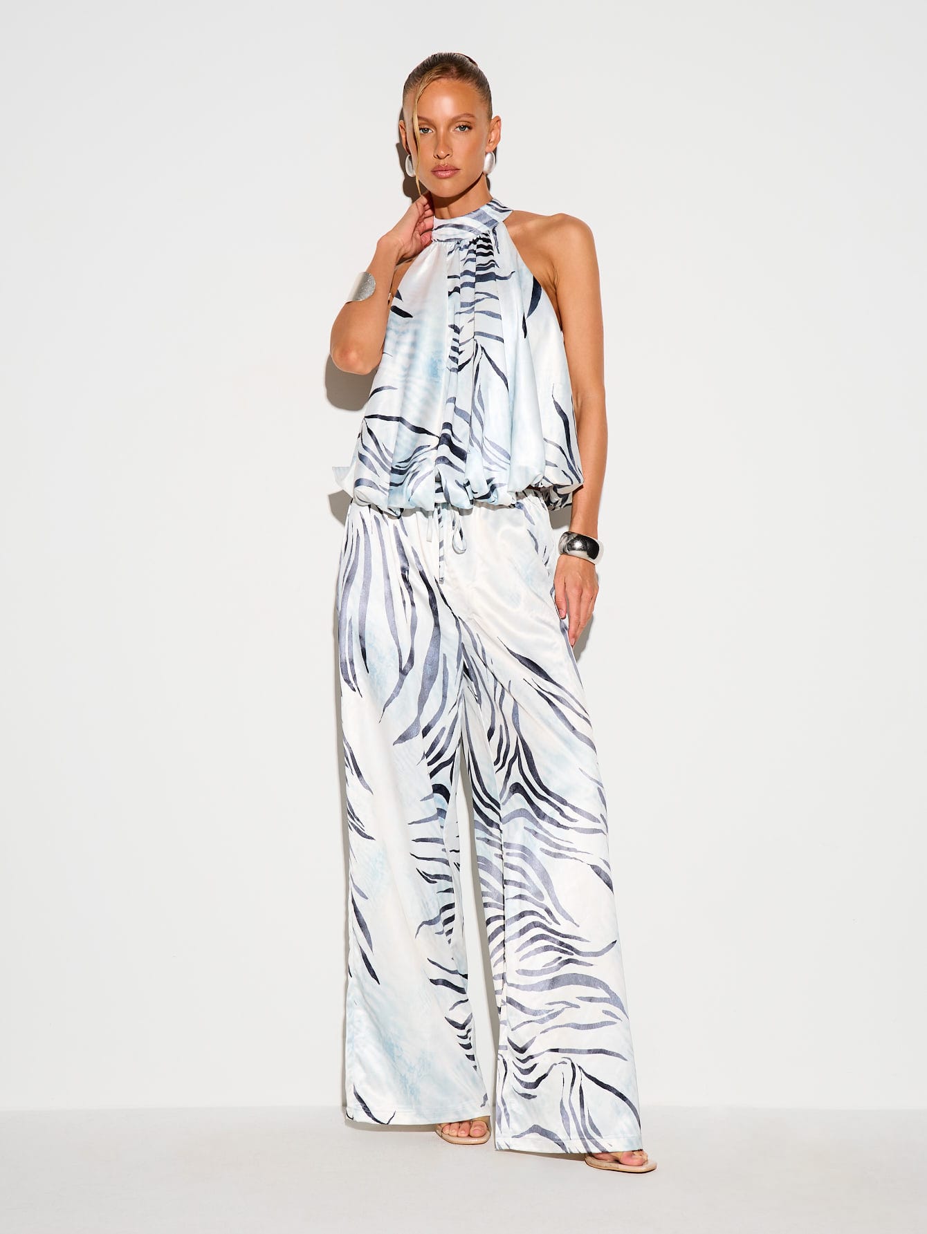 KIZN Zebra Print Satin Halter Tank With Bubble Hem