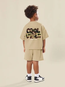 SUMWON Oversized Good Vibes Co-Ord Set With Camo Print Tee And Matching Drawstring Shorts For Boys - Apricot - View 1