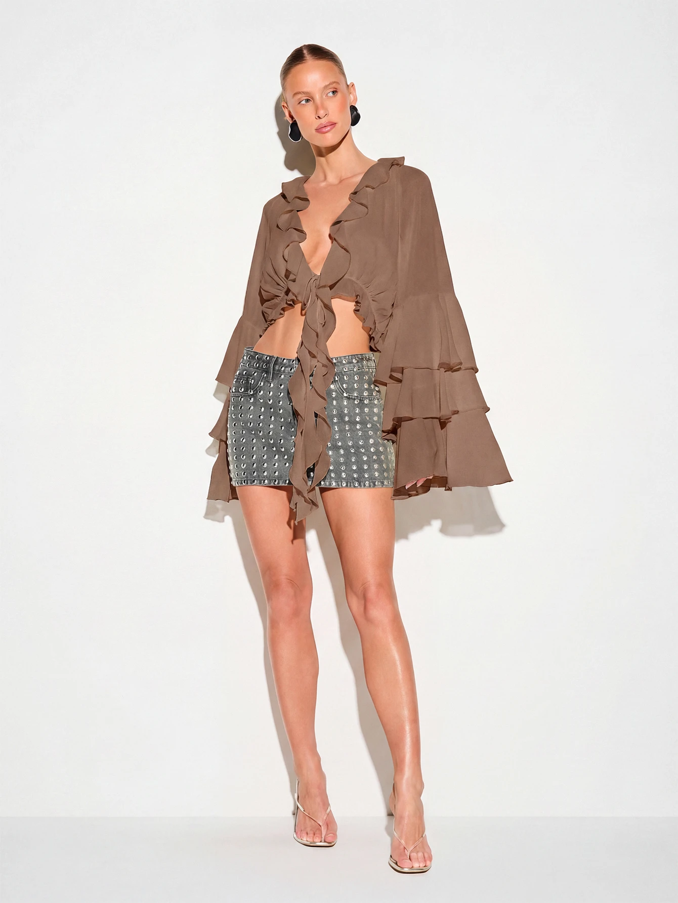 KIZN Ruffle Tie Front Blouse With Bell Sleeves